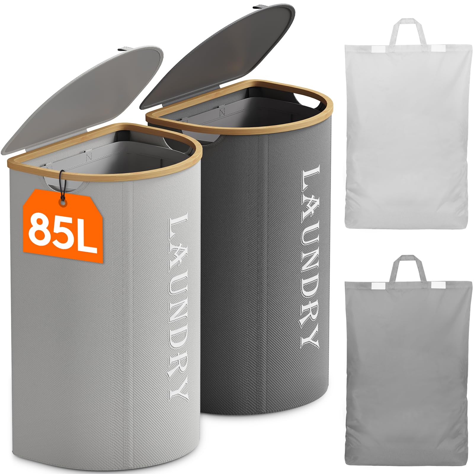 Lifewit 170L Cesta para la ropa con tapa, paquete de 2, gran cesta de la colada con 2 compartimentos y 2 bolsas de ropa desmontables, cestas plegables para la lavandería, dormitorio, gris y gris