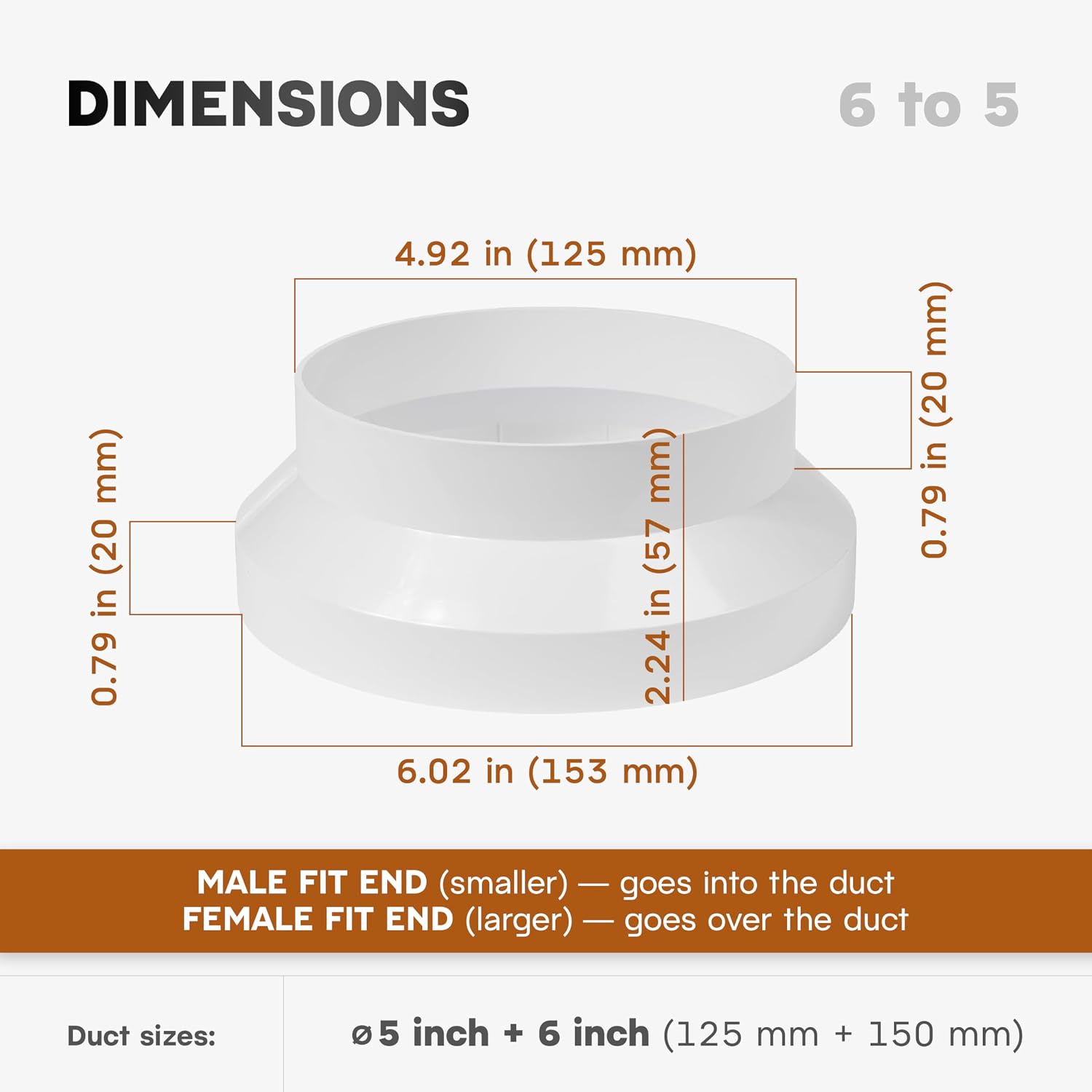 6" to 5" Eccentric Reducer/Increaser - Connect Straight & Flex Duct, Fan or Vent - HVAC, Heating & Cooling Applications