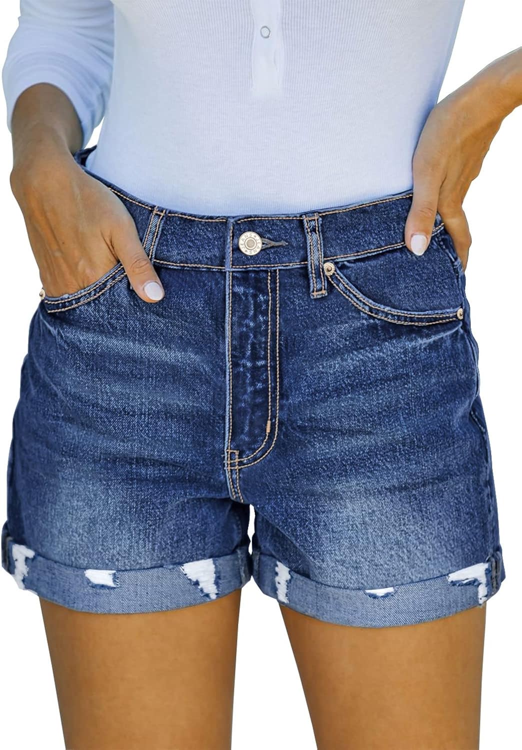Uqnaivs Womens High Rise Front Buttons Ripped Rolled Hem Casual Denim Jeans Shorts : Clothing, Shoes & Jewelry