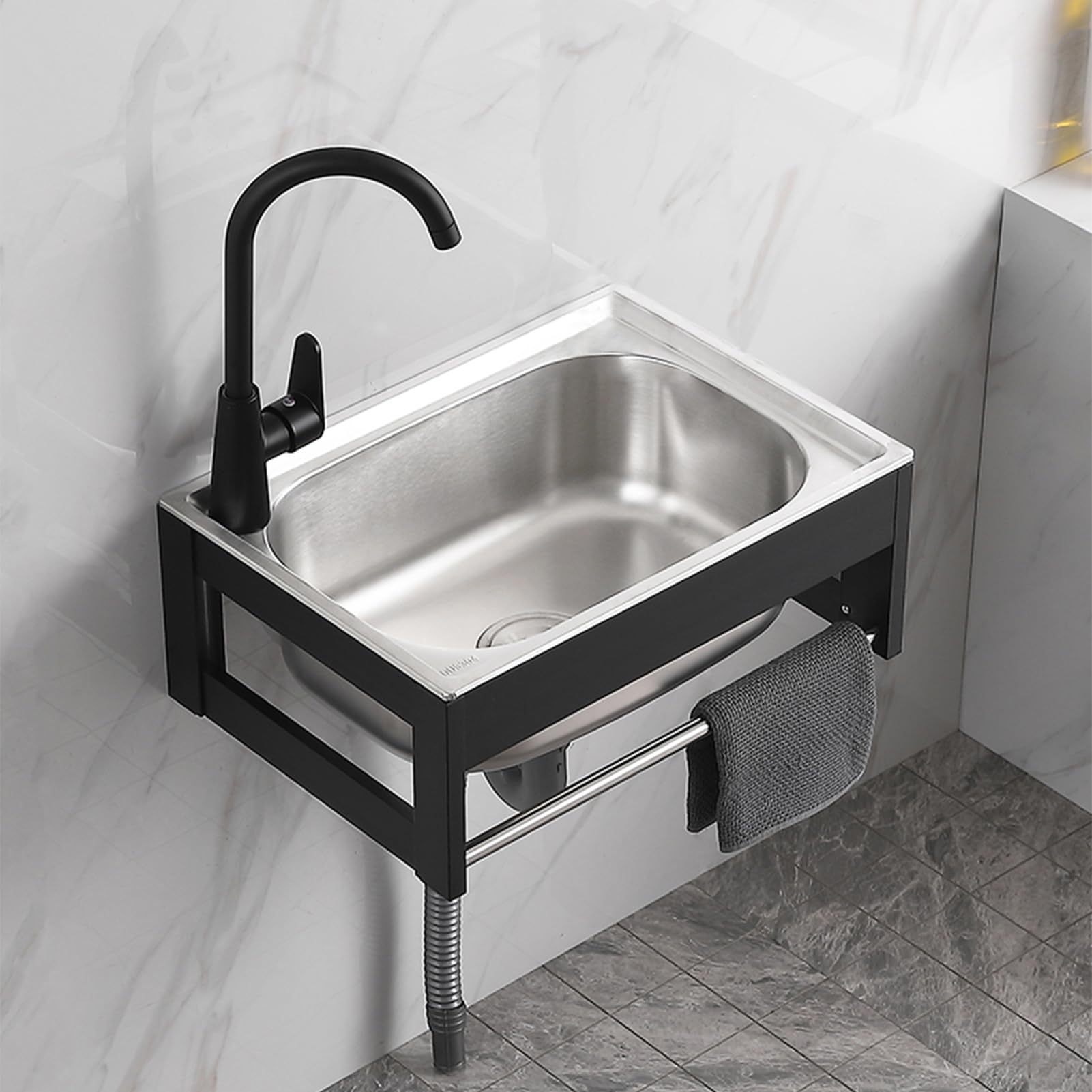 Lavello da parete in acciaio inox commerciale con rubinetto, facile da pulire, ideale per cucina, bagno e ristorante, 38 x 32 cm, design pesante, 48 x 35 cm