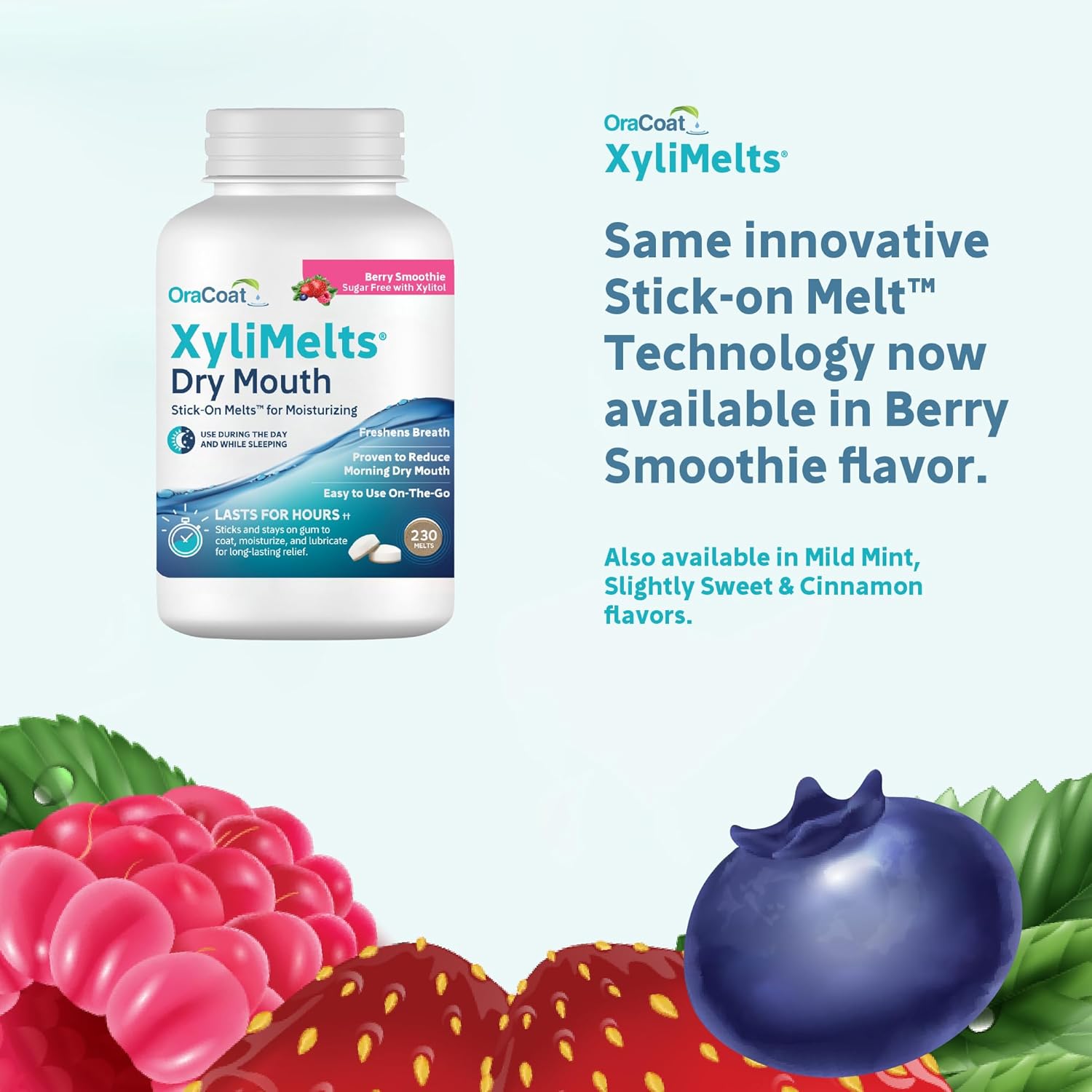 Oracoat XyliMelts for Dry Mouth Night Time or Day - Moisturizing Dry Mouth Adhering Discs, Sugar Free with Xylitol, 230 Count, Berry Smoothie Flavor, 8-Hour Relief
