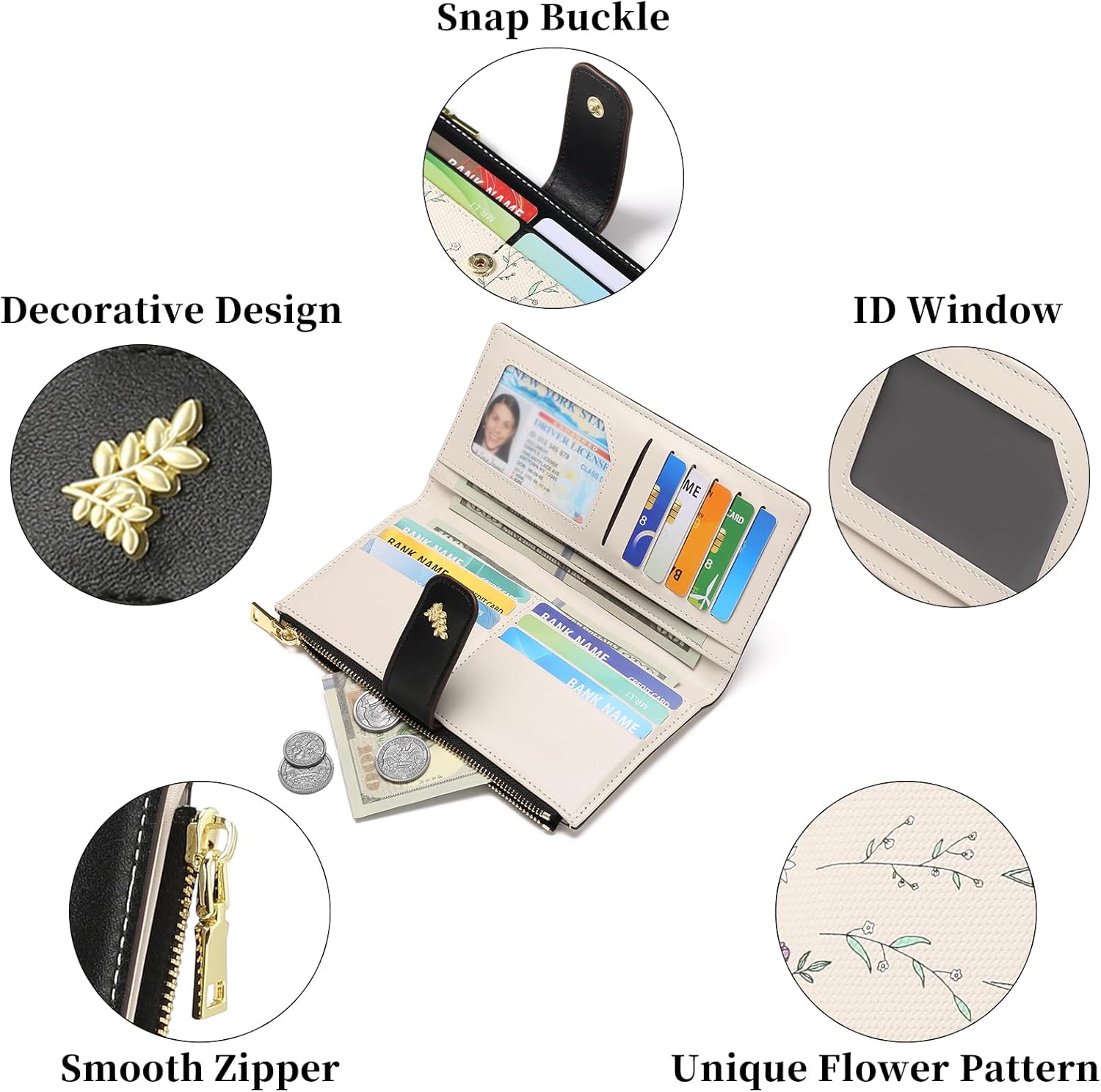 GAEKEAO Womens Wallet Slim Thin RFID Blocking Floral Vegan Leather Card Holder Bifold Long Ladies Wallet with Zipper Pocket - Image 4