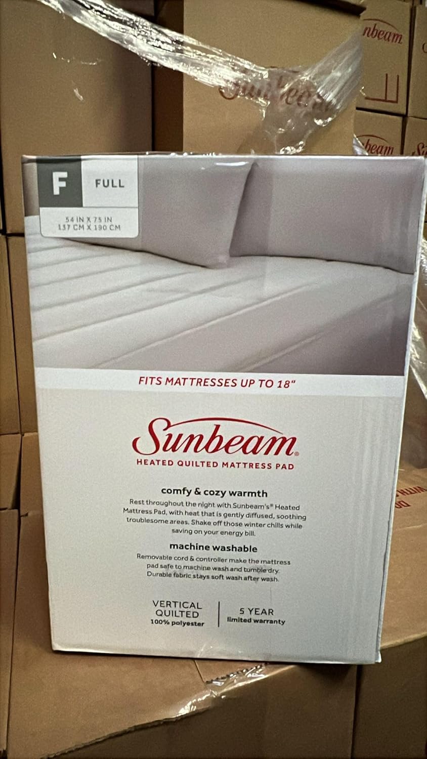 Sunbeam Restful Quilted Heated Mattress Pad Full 10 Heat Settings Auto-Shut Off Machine Washable White