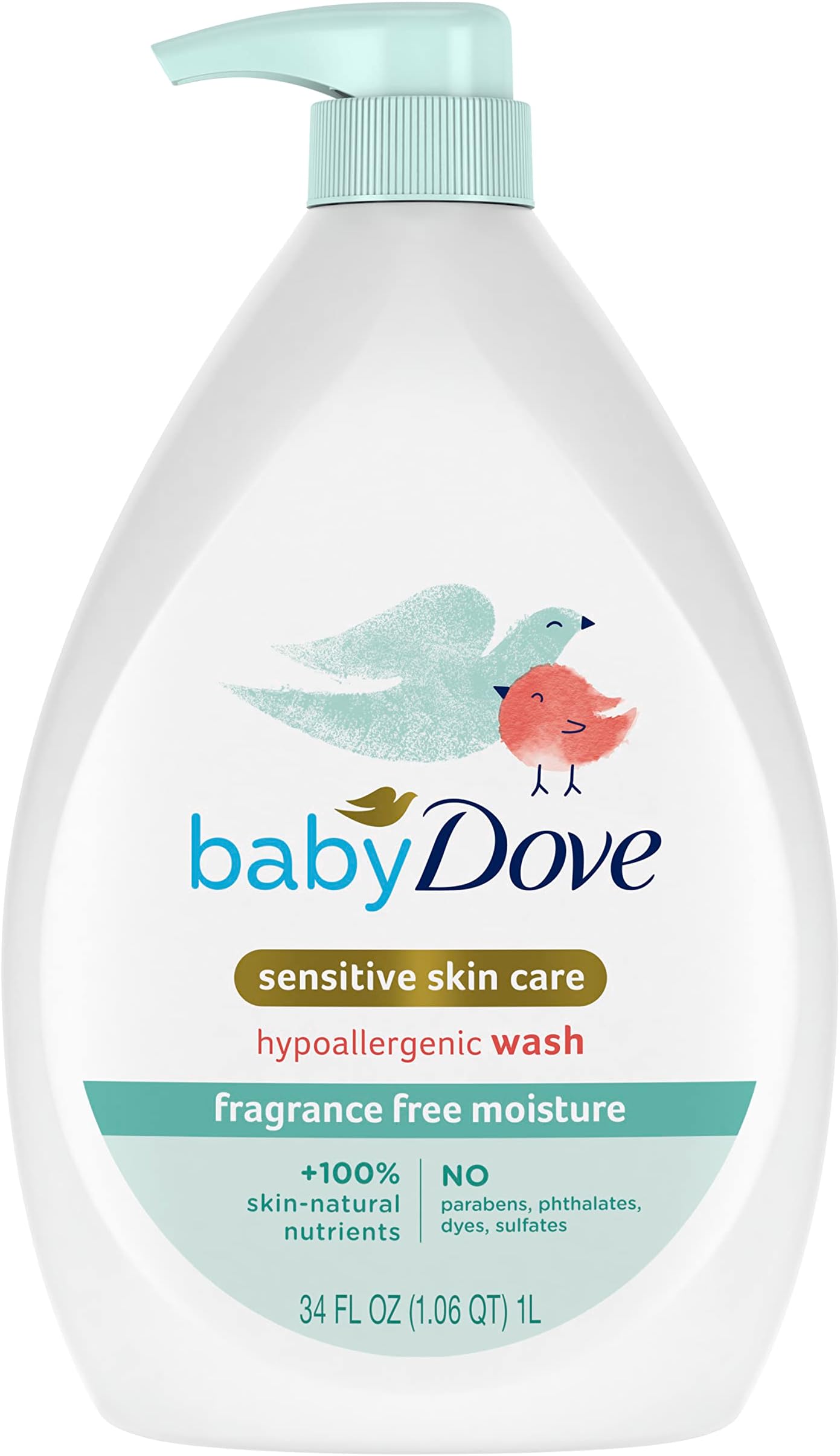 Baby Dove Sensitive Skin Care Baby Wash Fragrance Free Moisture For Baby Bath Time Fragrance Free and Hypoallergenic, Washes Away Bacteria 34 oz (Pack of 1)