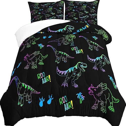 Juego completo de ropa de cama de dinosaurio de 3 piezas, edredón de dinosaurios, 2 fundas de almohada de dinosaurio