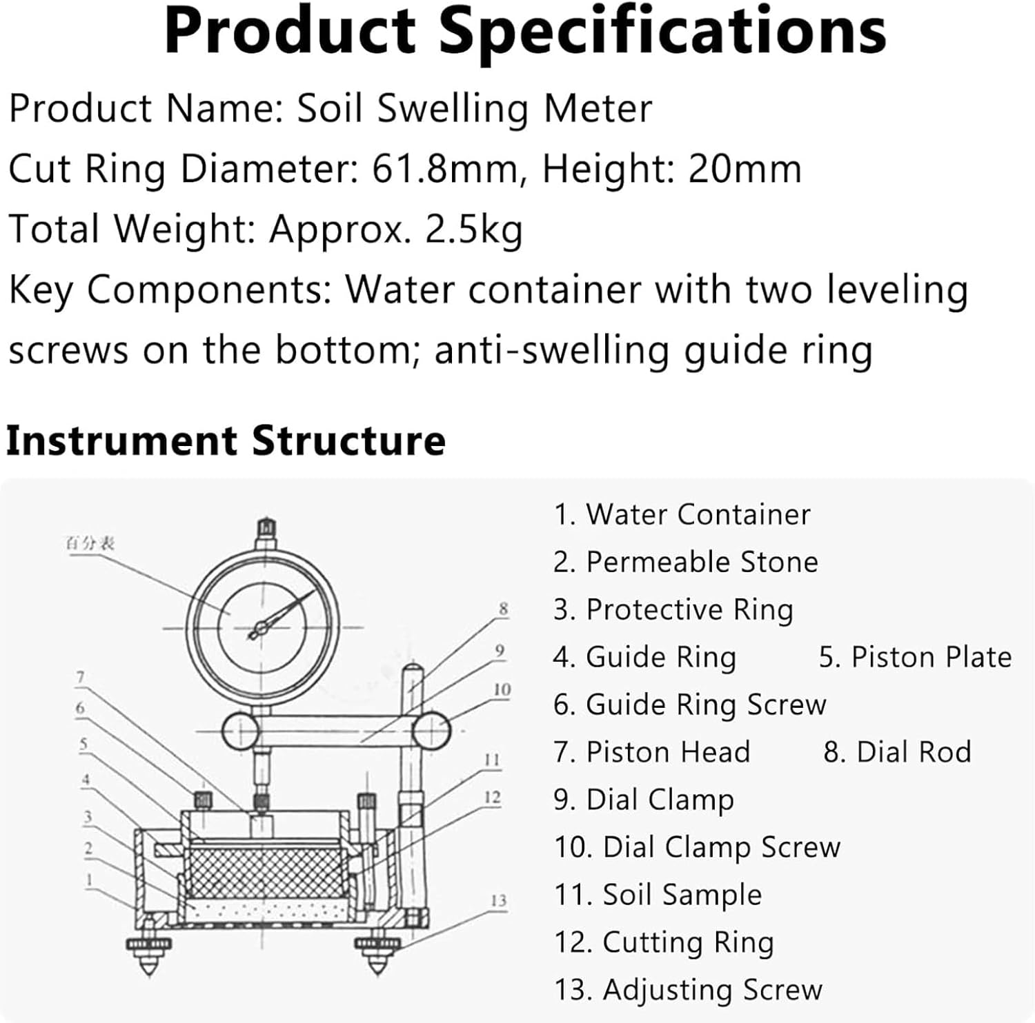 Soil Swelling Rate Tester, Moisture Content Measuring Tool, with Mechanical Micrometer & Brass Measuring Cup, Detachable Design, with Dial Indicator, for Laboratory, Geotechnical