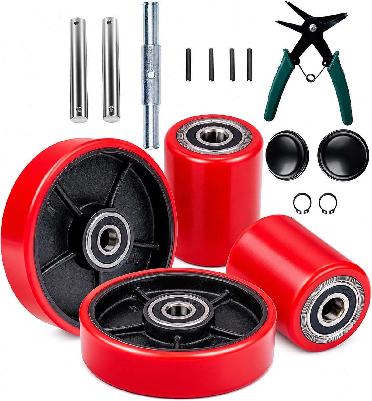Pallet Jack Wheels Replacement Kit for Most Hand Pallet Jacks, Complete Set with Steering Wheels 7"x 2" Pair, Load Roller 3.14" x 3.54" Pair with Bearings ID 20mm, Axles, Tools,Poly Tread Red