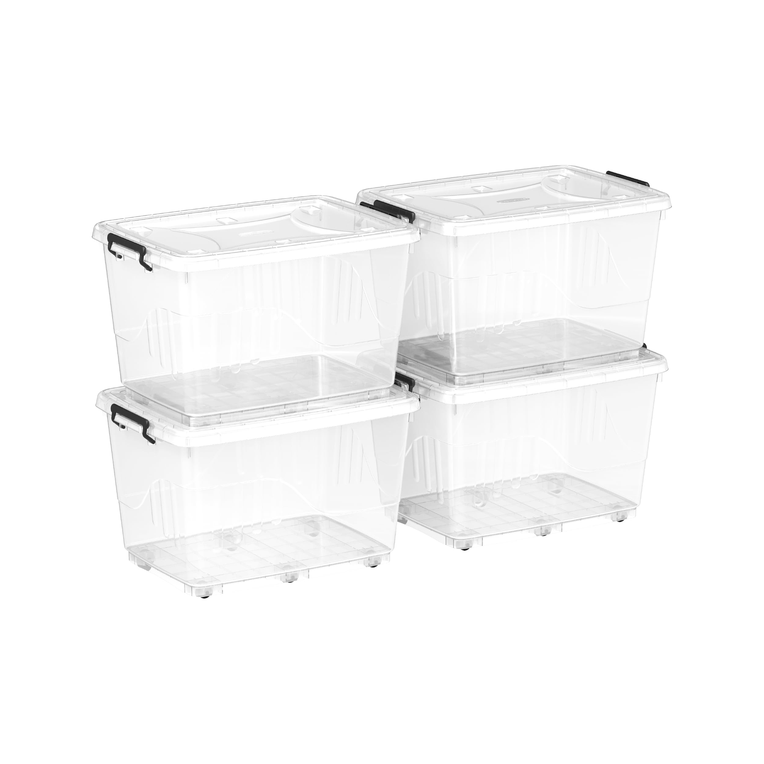 Cosmoplast 82L Clear Plastic Storage Box with Wheels & Lockable Lid Set of 4