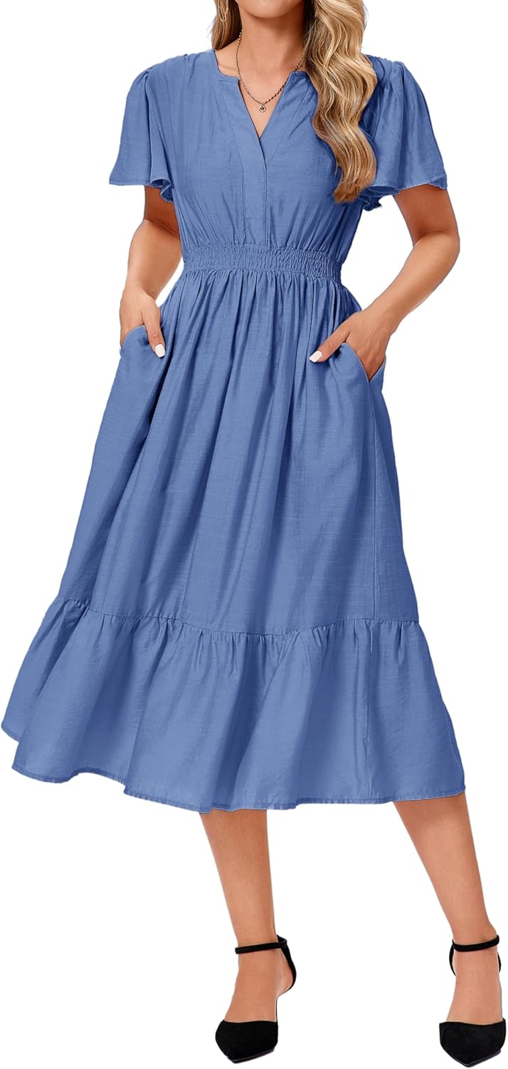 RuoRayVan Women's 2026 Spring Summer Flutter Ruffle Sleeve V Neck High Elastic Wasit Flowy Midi Dress with Pockets