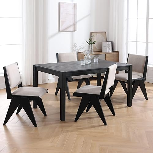 Vista 19 de Juego de 2 sillas de comedor modernas de mediados de siglo tapizadas de lino con patas de madera negra, sillas laterales sin brazos con respaldo