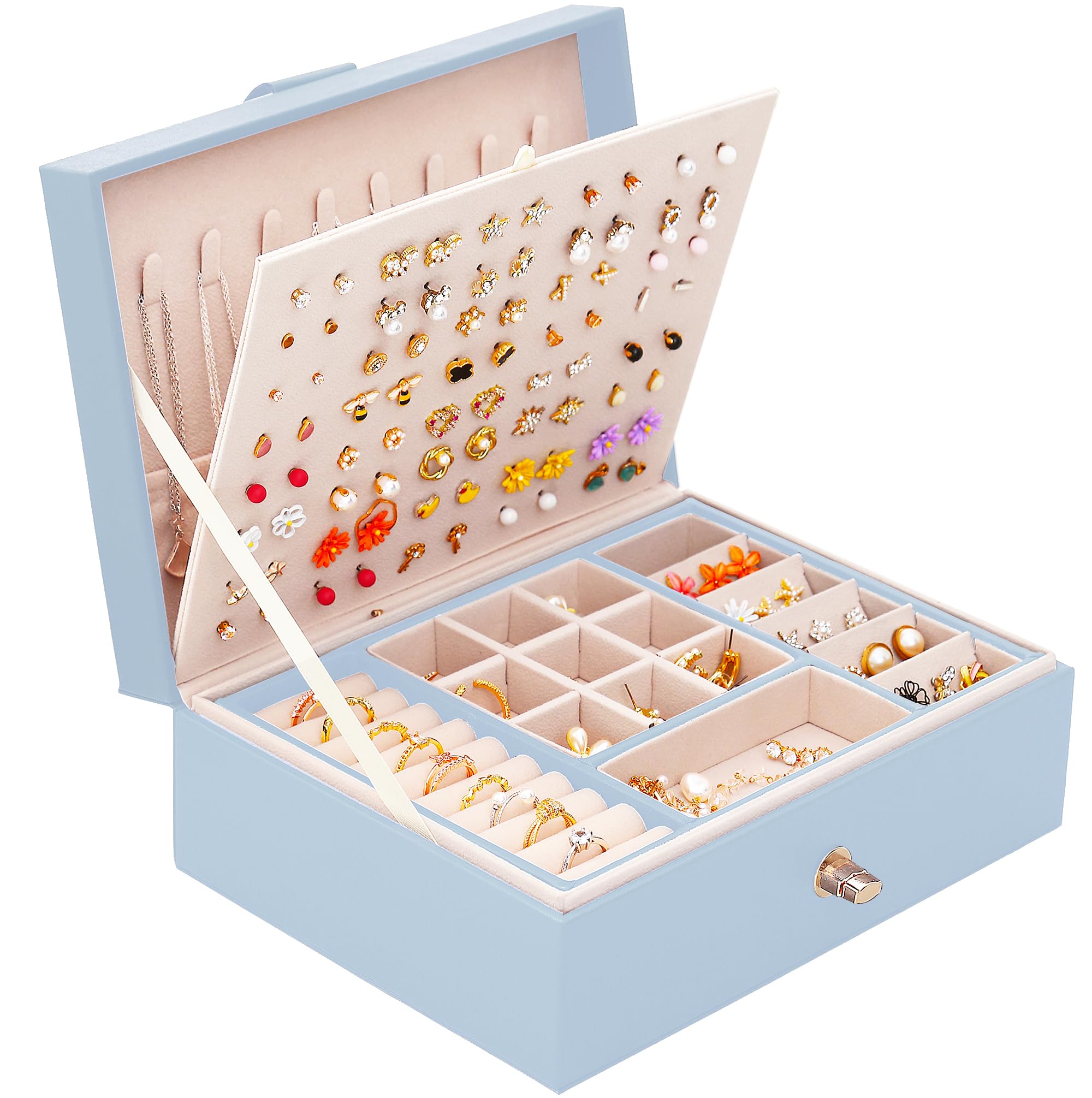 QBestryQBestry Girls Jewelry Box Earring Holder Organizer for Girls Jewelry Organizer Box Stud Earrings Organizer for Girls Womens Blue Jewelry Box for Earrings and Necklaces Rings Stud Earrings Box for Teen