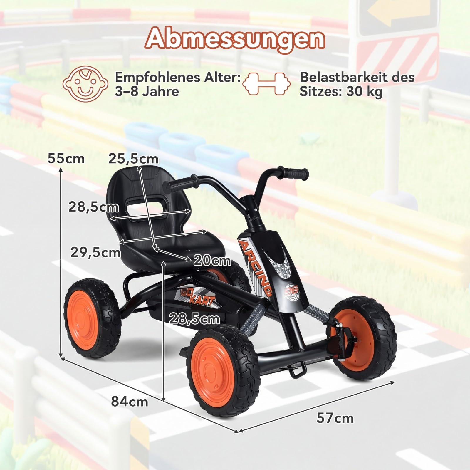 DREAMADE Kinder Go Kart, Gokart mit einstellbarem Sitz & Rückenlehne, Tretfahrzeug mit Vorwärts- & Rückwärtsfunktion & Pedal, Outdoor Tretauto mit Reifen für Kinder ab 3 Jahren (Schwarz)