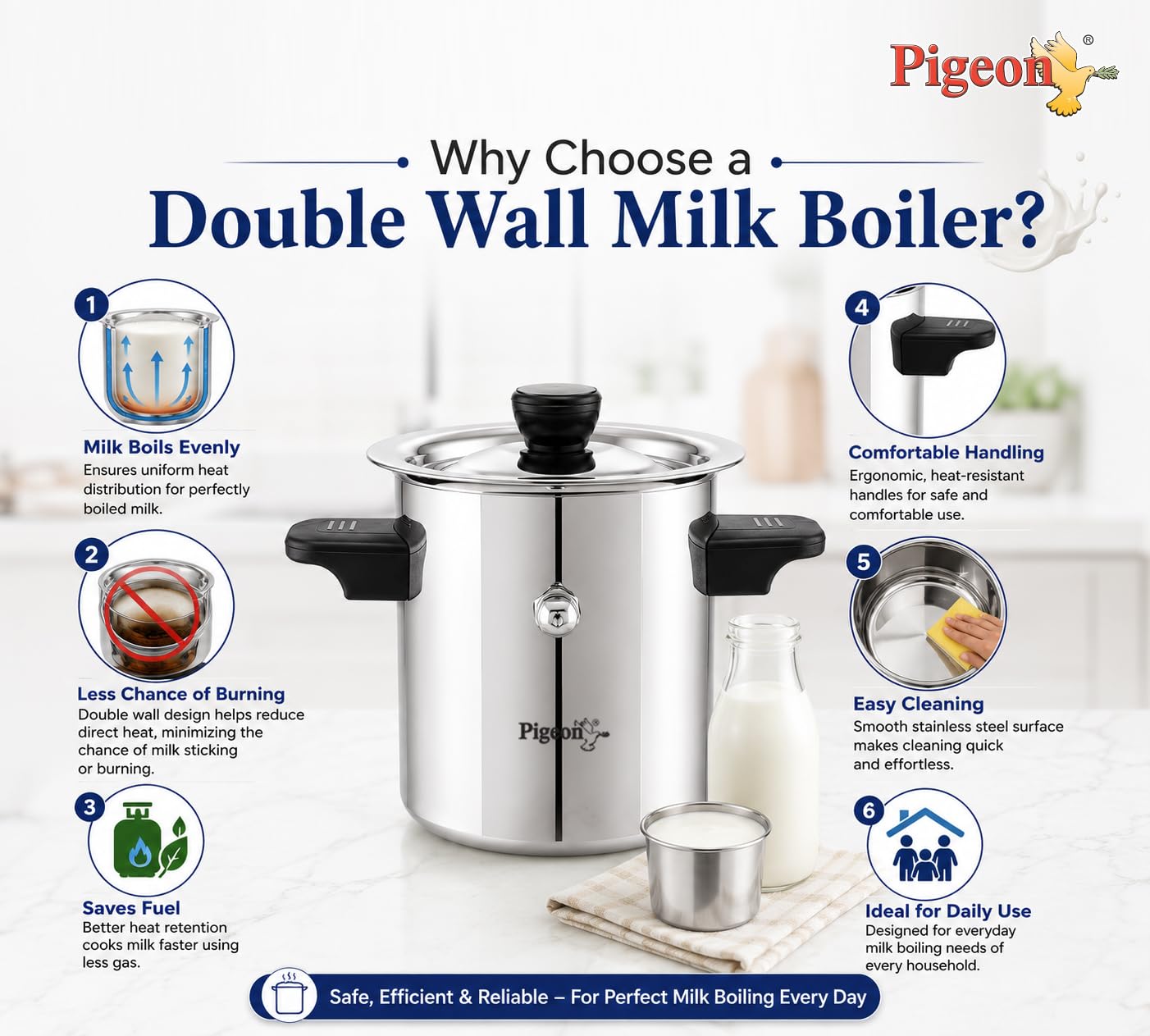 Pigeon-Elegant Stainless Steel Milk Cooker/Boiler/Pot with Handle,Lid,Knob,Whistle | Capacity:2Ltr | Gas and Induction Compatible with Whistle Indication. 2