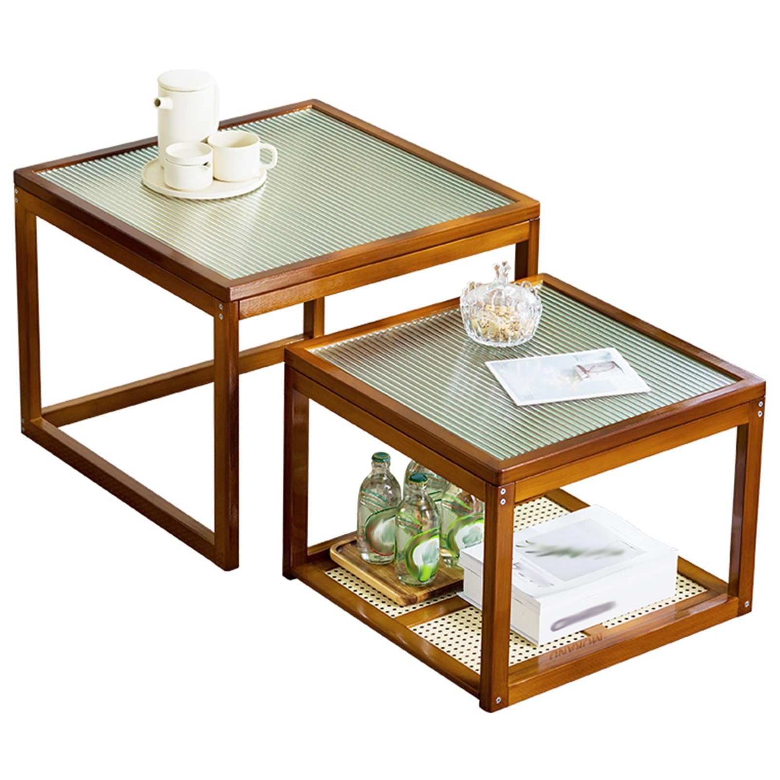 SXZenSpace Nesting Coffee Table Set of 2, Square Stacking with Tempered Glass Finish and Bamboo Frame, Farmhouse Table, Side Tables for Living Room Bedroom Balcony(Brown)