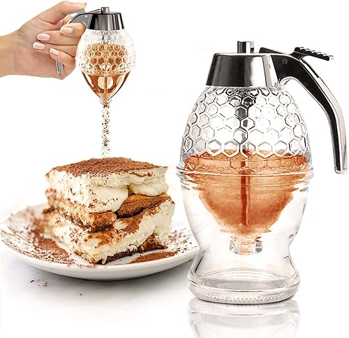 Vista 4 de Honey Dispenser – No Drip Glass with Stand – Honey Jar – Clear Glass Honey Container with Dipper 8 Oz – Maple Syrup Dispenser – Honey Pot with Stand