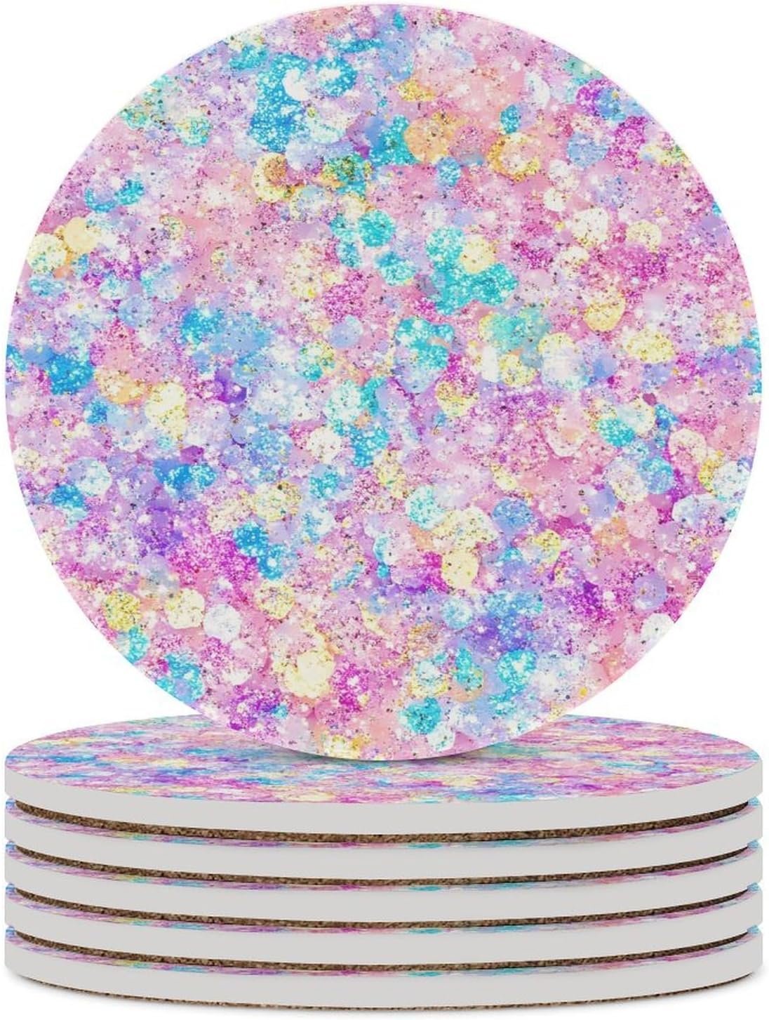 Pastel Glitter Pattern Round Ceramic Coasters Print Drinks Absorbent with Cork Base for Home Decor Gifts 4 Inch