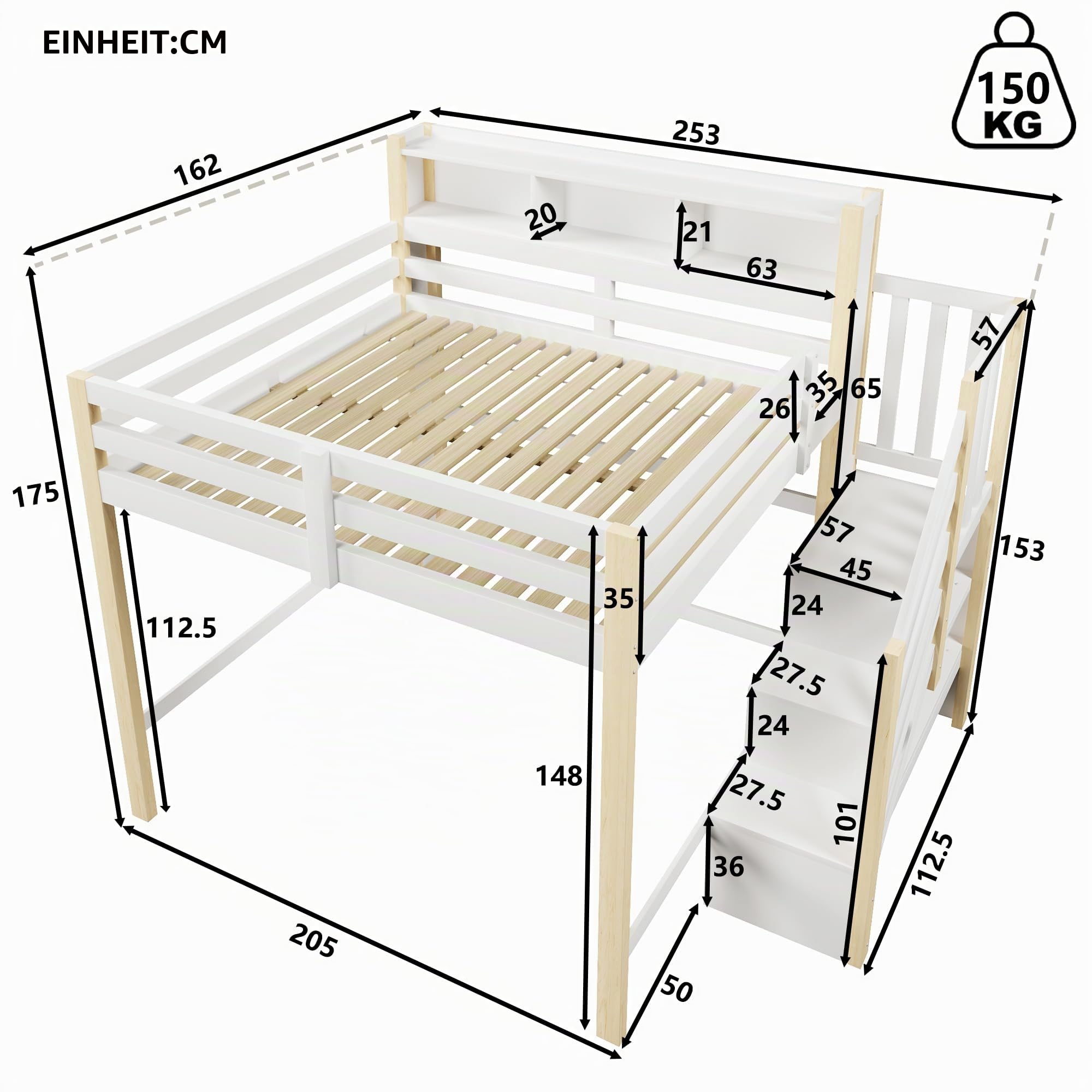 BTM Holz Hochbett 140x200 mit Stauraum und LED-Leuchten Kinderhochbett mit Rausfallschutz, Treppe Weiß+Natur