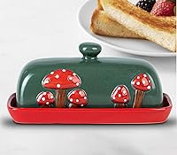 Vista 7 de Mantequera de Cerámica en Forma de Seta con Tapa para Encimera - Bandeja de Contenedor Rojo, Grande Cubierta