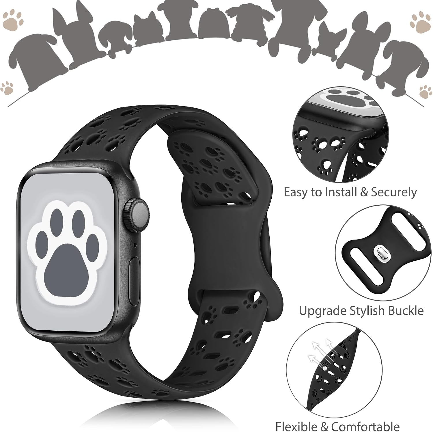 Silicone Band for Apple Watch Bands 41mm 40mm 42mm(Series 10/11) 38mm for Women, Cute Dog Cat Paw iWatch Bands, Fancy Sport band for Apple Watch Band Series 11 10 9 8 7 SE 6 5 4 3-Black image 2