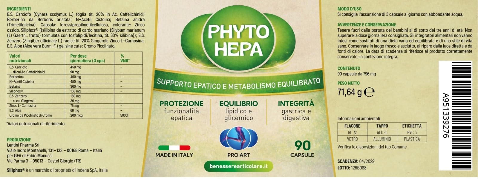 PRO ART Phyto Hepa Berberina e Cardo Mariano Integratore Fegato con Supporto Glicemia e Colesterolo, Nuova Formula con 9 Principi Attivi ad Alta Biodisponibilità Made in Italy