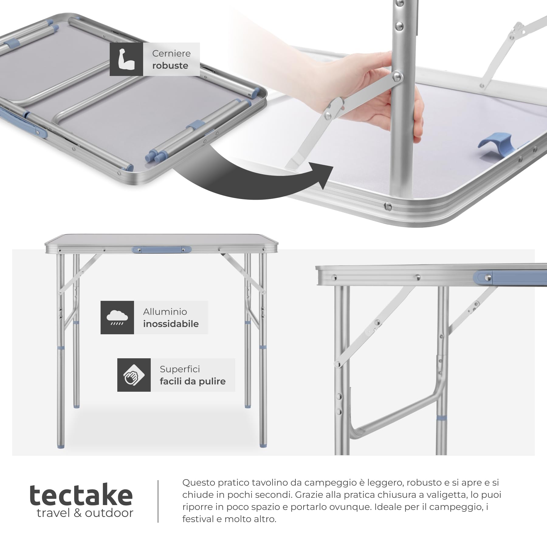 tectake® Tavolo da Campeggio Pieghevole in Alluminio, 75 x 55 x 68 cm, con Maniglia, Tavolo da Giardino Regolabile Salvaspazio, Tavolino Portatile, Resistente alle Intemperie - Grigio