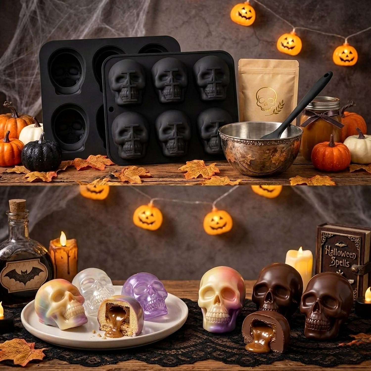 2Pcs Skull Silicone Mold, 6-Cavity 3D Large Skull Cake Pan Molds Halloween Silicone Molds for Baking Chocolate, Candy, Cake Decoration, Resin Casting