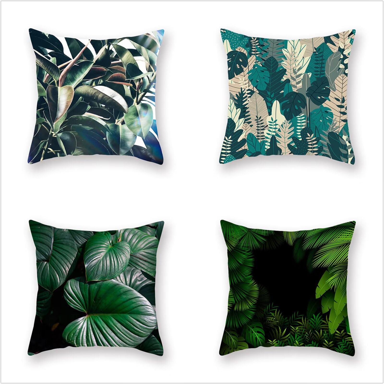 Juego de 4 Impermeable Funda de Cojín Plantar hojas verdes,65x65cm Moderno Suave Transpirables Lino Fundas de Almohada Cojines Decorativos con Cremallera Oculta para Exterior Sofá Cama Coche Hogar