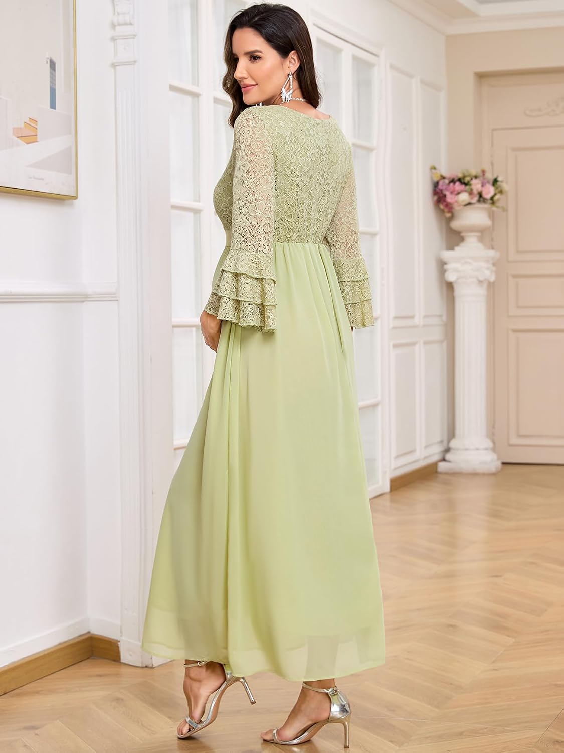 CYCLAMEN Floral Lace Maternity Maxi Dress Ruffle Bell Sleeves Crew Neck Elegant Chiffon Evening Gown Baby Shower Wedding