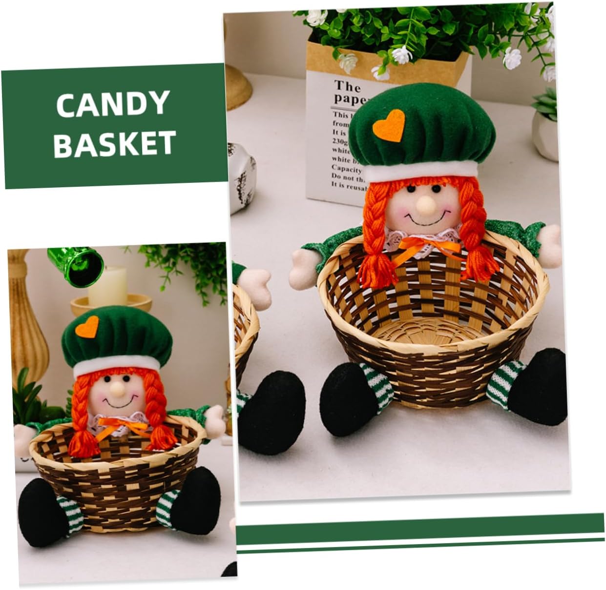 SOLUSTRE Patrick's Day Candy Basket Cartoon Doll Design Festive Leaf Storage Container for Snacks and Treats for Party Decoration and Serving