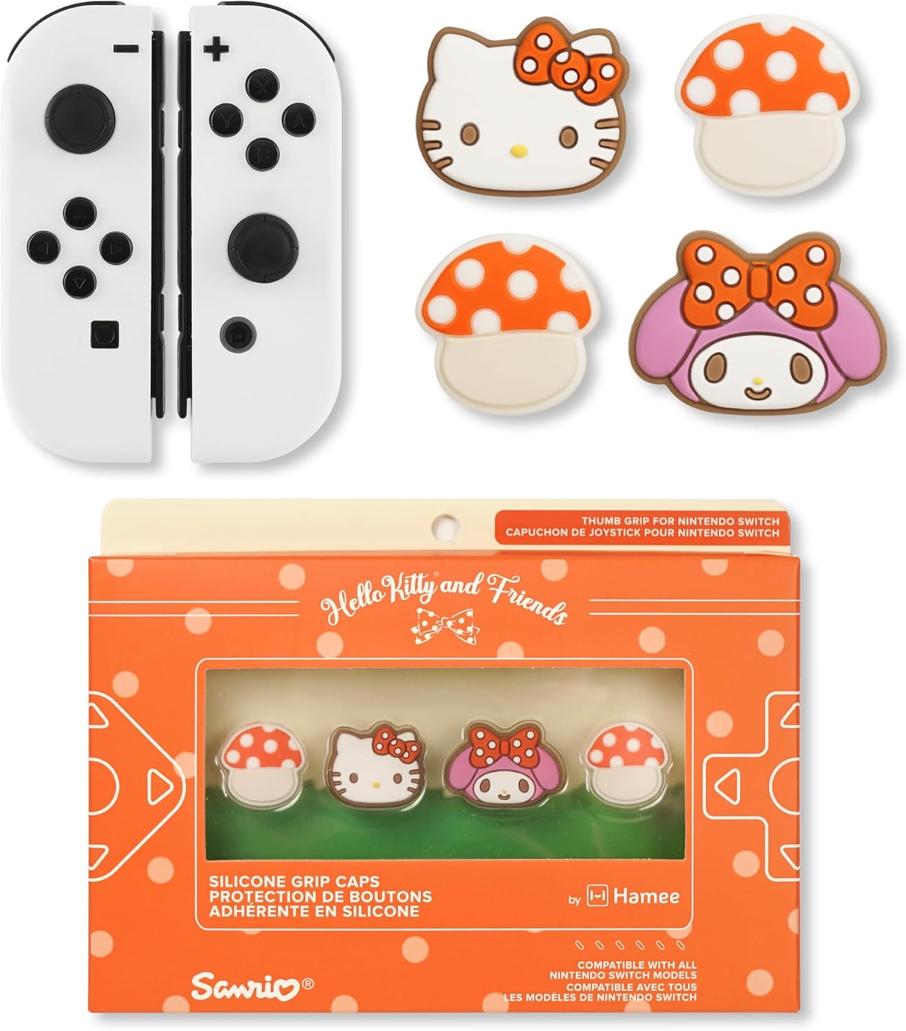 Hamee Hello Kitty and Friends Thumb Grips Compatible with Nintendo Switch 1 OLED/Switch Lite, Character Joystick Grip Cover Caps – Hello Kitty and My Melody (Mushroom)