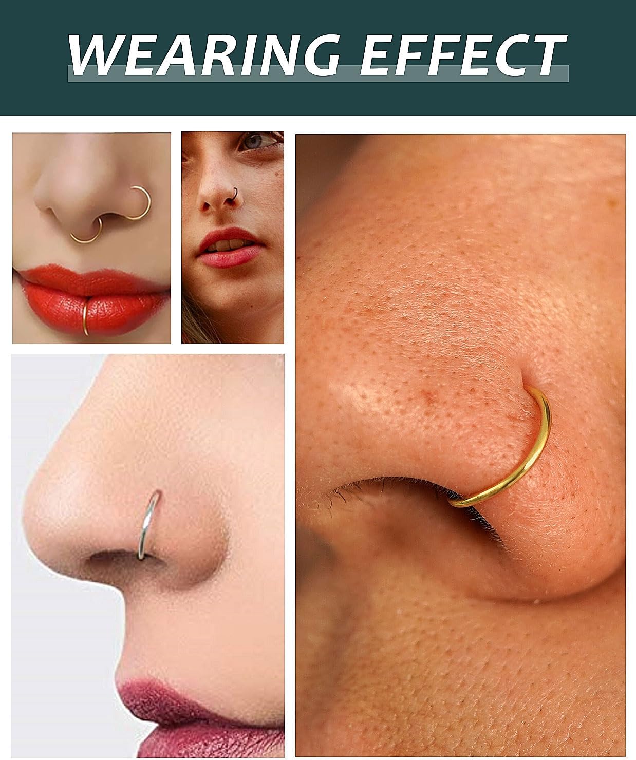 Nose Rings Hoop and Nose Studs Sets for Women Men,Hypoallergenic 316L Surgical Stainless Steel Hinged Clicker Segment Nose Rings Hoop Helix Cartilage Daith Tragus Sleeper Earrings Silver Gold Black L Shape/Corkscrew/Straight Nose Studs Real Body Piercing Jewelry - Image 7