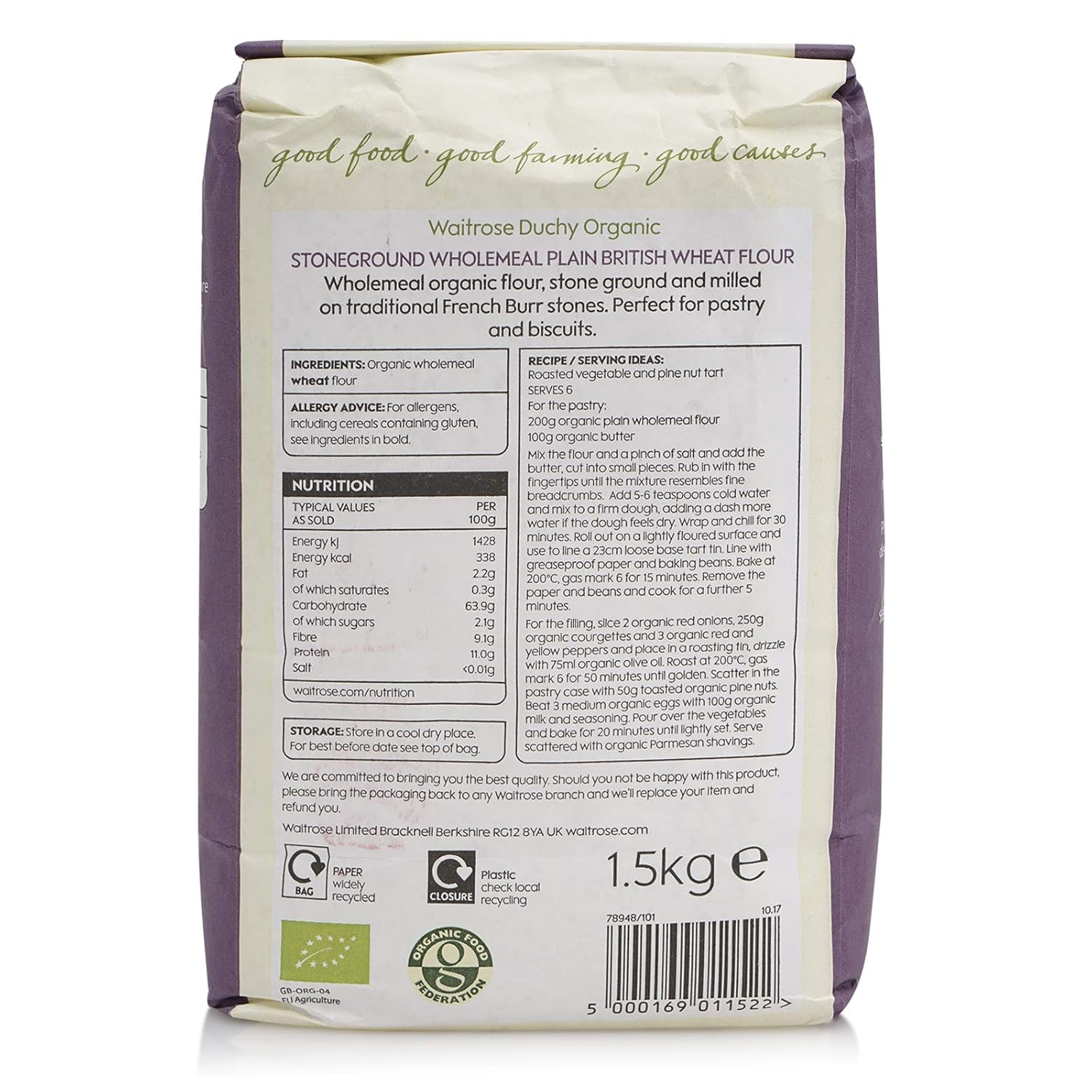 Waitrose Duchy Organic Stoneground Plain Wholemeal Flour 1.5kg