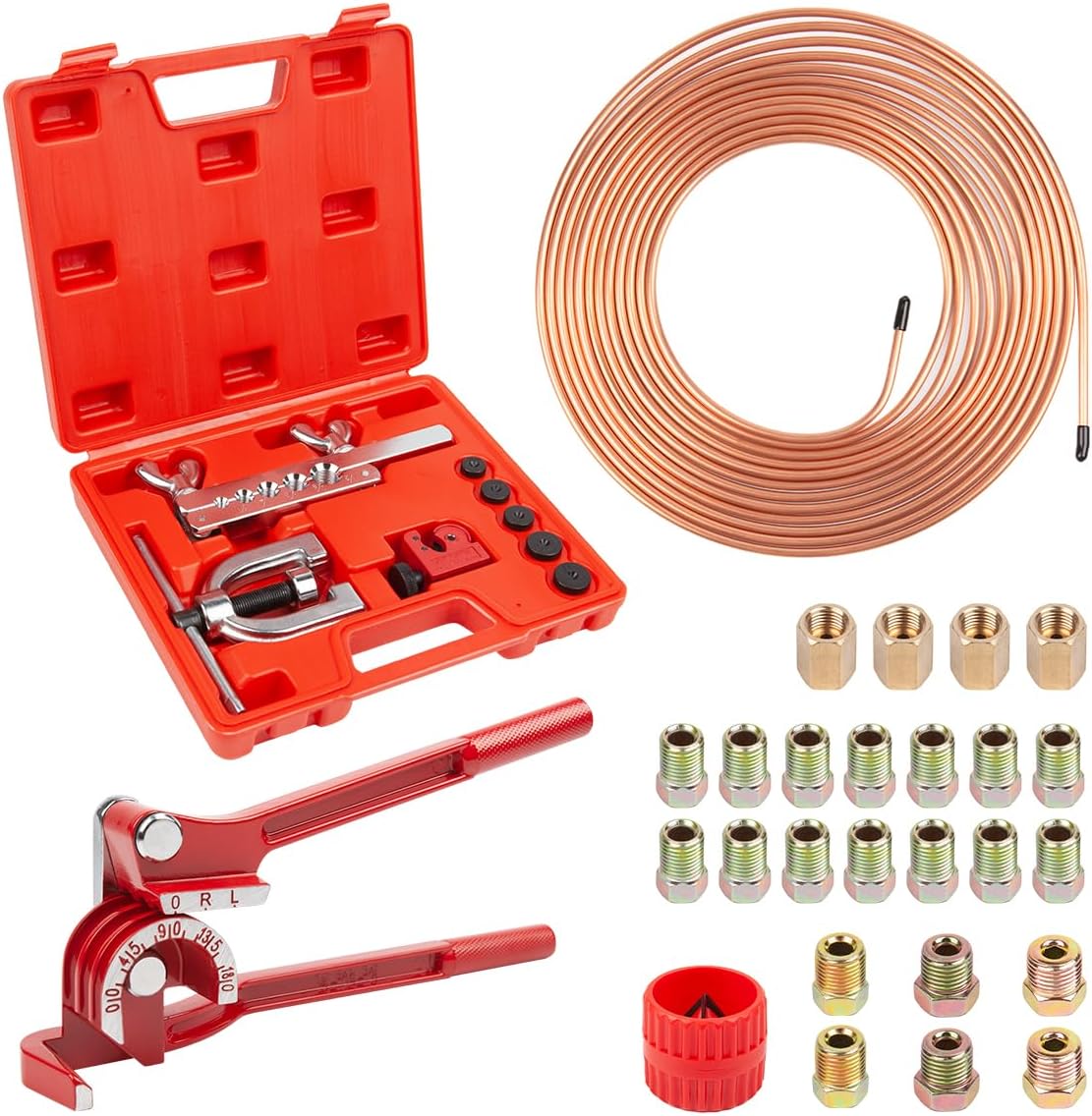 ICOOL 25 ft 3/16" Copper-Plated Brake Line Flaring Tool Kit with 20 Fittings and 4 Unions Brake Line Fittings, Brake Line Kit with Tube Bender and Reamer