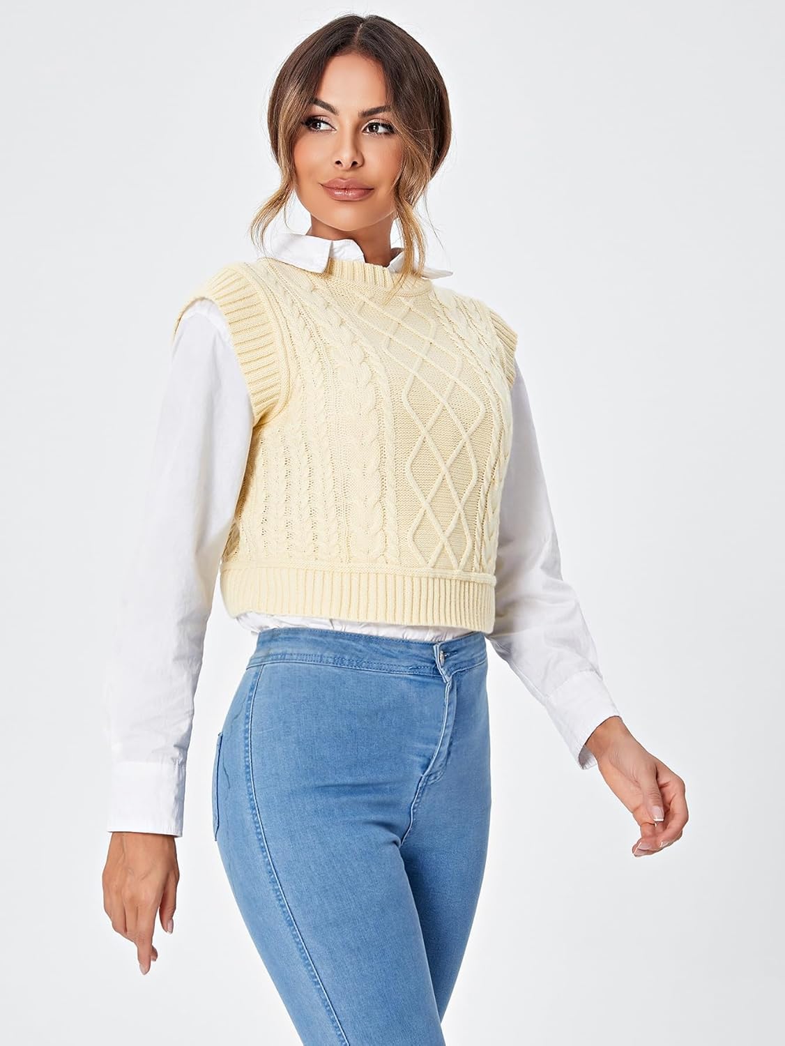 Milumia Women's Cable Knit Cropped Sweater Vest Cap Sleeve Crewneck Casual Knitwear Tops - Image 3