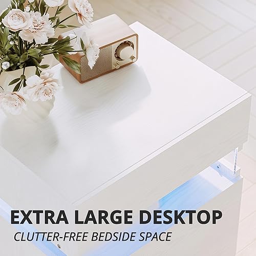 Miniatura 7 de IRONCK Mesita de noche, mesita de noche con luz LED y cajones, moderna mesita de noche con almacenamiento, mesa auxiliar para dormitorio, color