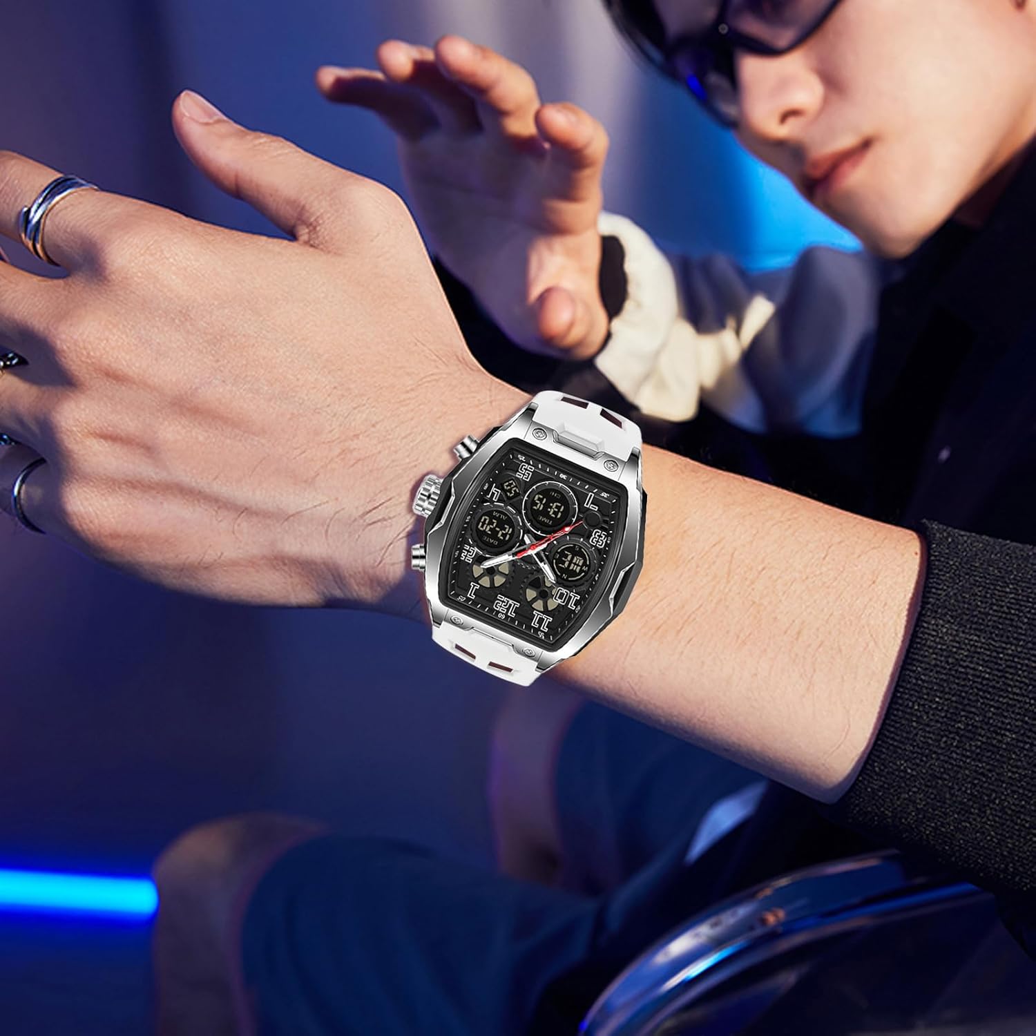 FANMIS Watch for Men Fashion Hollow Unique Rectangle Dial Wristwatch Waterproof Sport Digital Analog Dual Time Display Stopwatch Punk Cool Design Silicon Strap Dress Watch - Image 3