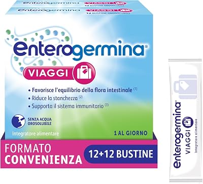 Enterogermina Viaggi, Vitamina b12, Vitamina d, Fermenti Lattici Probiotici, per Adulti - Integratori per Flora Intestinale in Viaggio, Stanchezza e Sistema Immunitario (24 Bustine Gusto Fragola)
