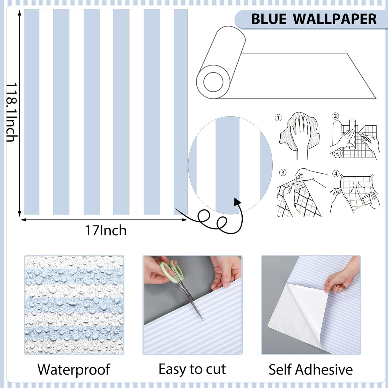 Colarr Striped Peel and Stick Wallpaper 17'' x 118'' Blue and White Stripe Removable Self Adhesive Wallpaper Decal for Bedroom Cabinet Drawer Furniture Summer Wall Poster Art Crafts Modern Decoration