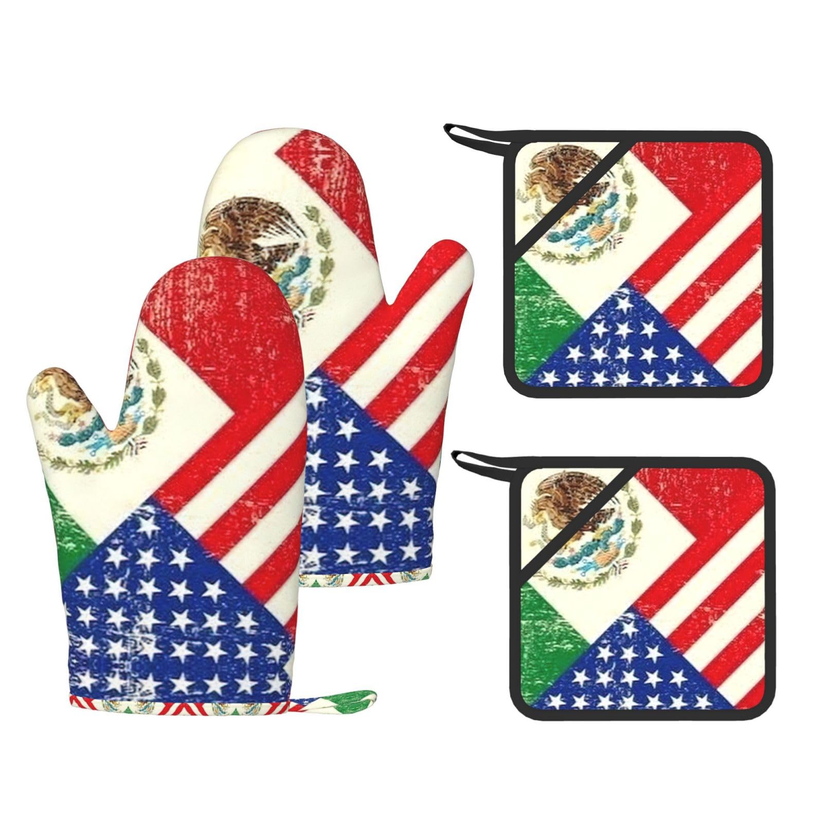 Mexican American Flag Printed Potholder and Oven Mitt Set of 4, High Heat Resistant Cooking Gloves for BBQ Grilling