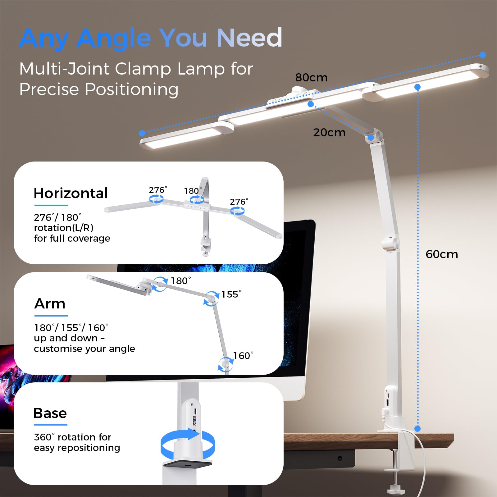 Lampara de Escritorio de LED 24W con Control Remoto - 1400LM 80CM LED Escritorio Ajuste de 360° con Pinza Luz Leer Puerto de carga USB para Estudiar, Oficina, Blanco