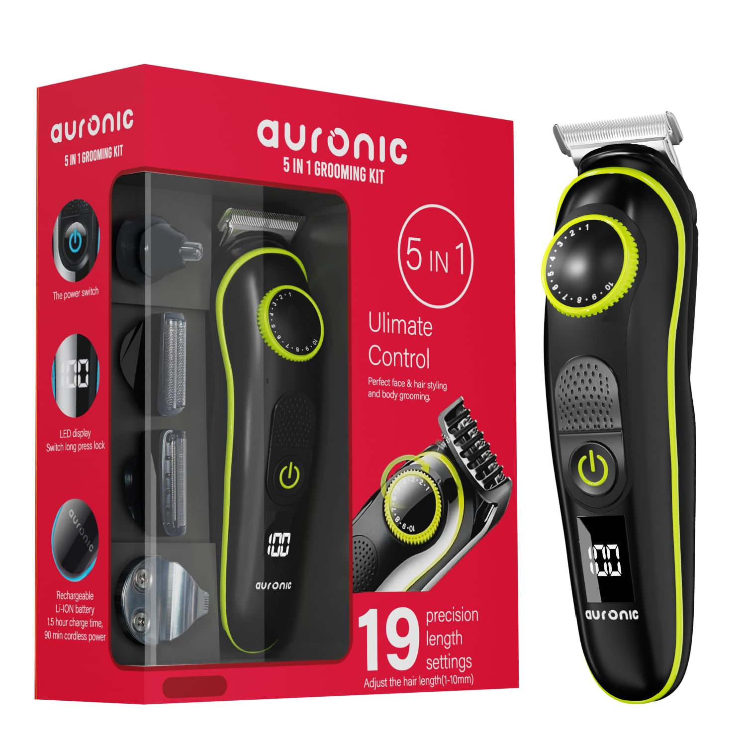 Auronic 5 in 1 Multifunctional Grooming Kit for Men - Body Groomer With Nose Trimmer, 2 Beard Combs, 90Min Runtime, 19 Length Settings