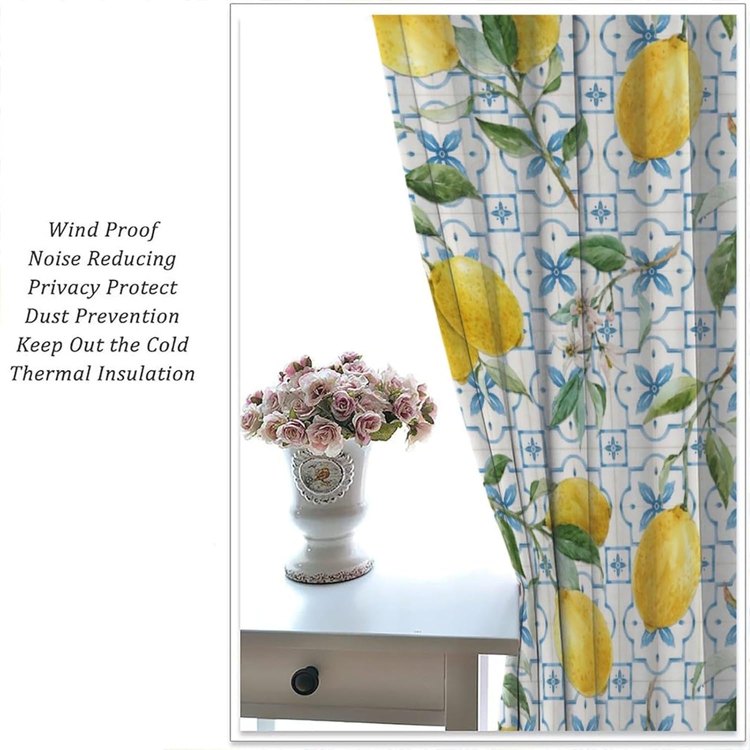 Blue Tile Lemon Blackout Curtains,Boho Hand Painted Watercolor Vintage Rustic Farmhouse Lemon Fruit Green Leaves Print Rod Pocket Window Treatments Drapes for Bedroom Kitchen 42x63in