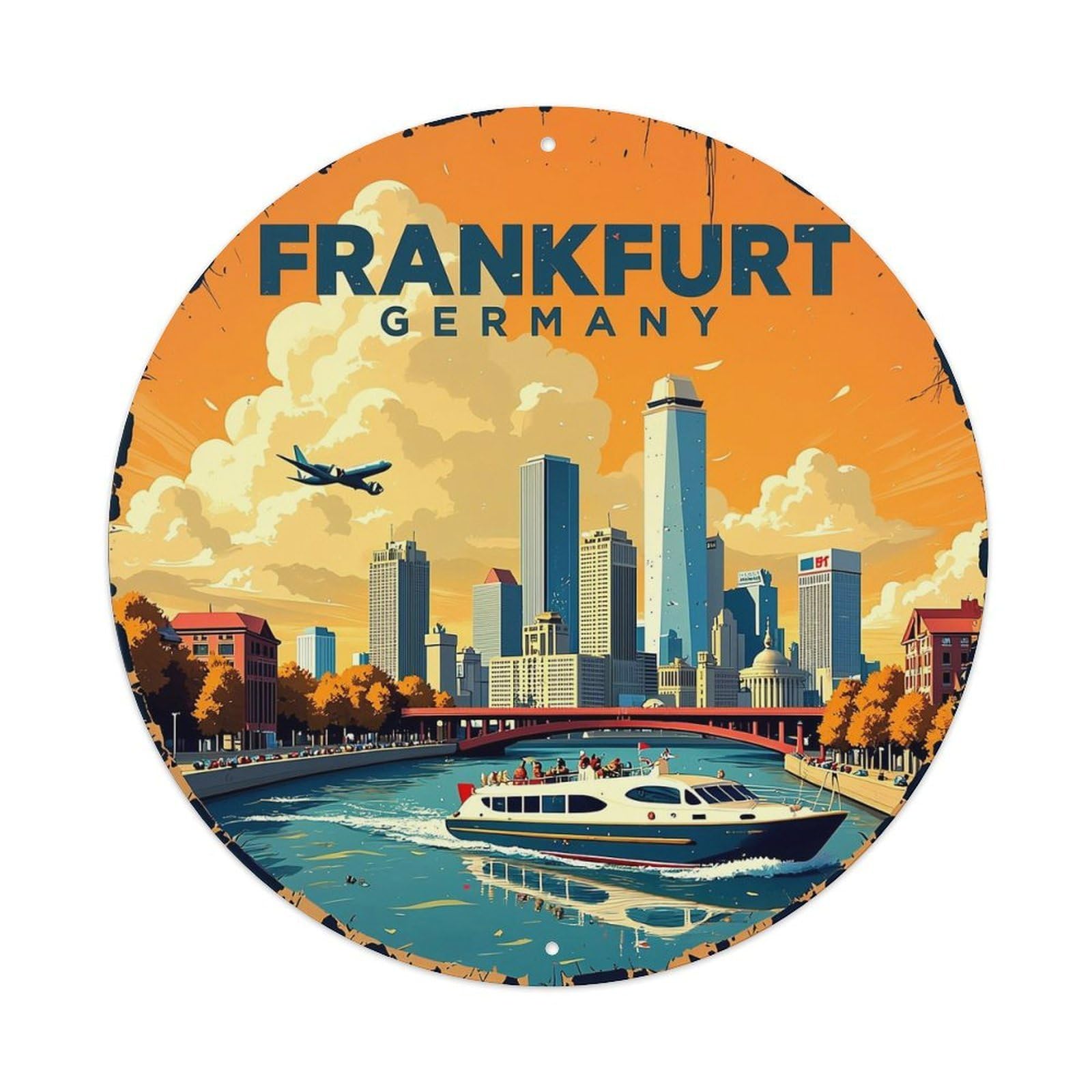 Frankfurt Germany Cityscape River Cruise Vintage Metal Tin Sign Retro Wall Decor for Home Bar Garage Cafe, Indoor & Outdoor Decorative，circle Metal Poster, 8x8 Inch