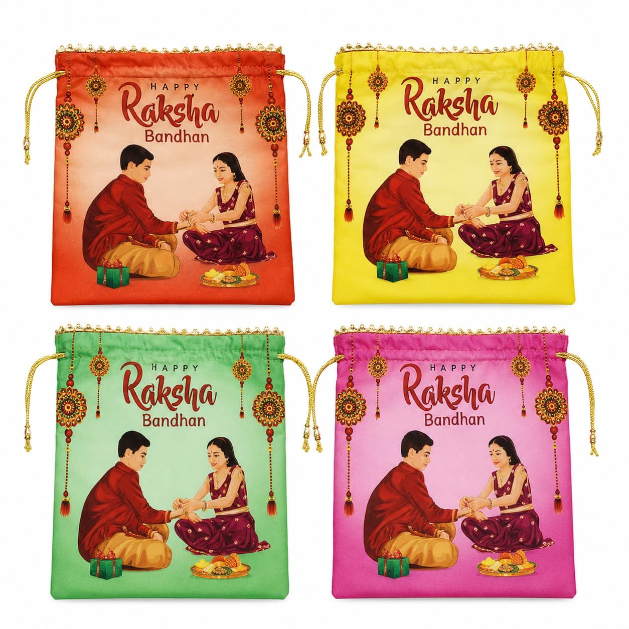 Random Color Rakhi Drawstring Pouch Pack of 4, Raksha Bandhan Potli Bag, Return Gift Packaging, Festival Favor, Puja Accessories Holder-image-23