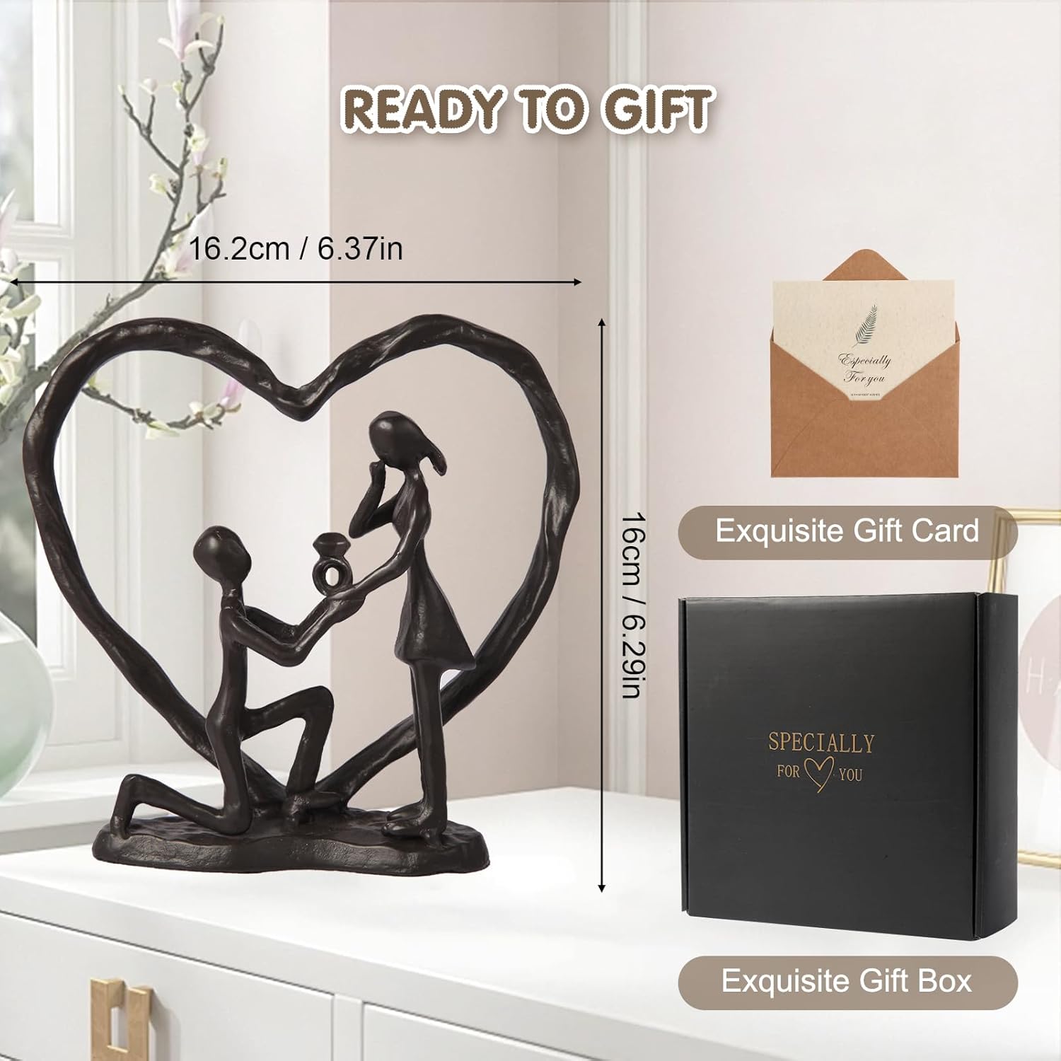 Anniversary Wedding Gift for Couple Her Wife Husband，Classic Black Metal Couple Figurine Heart Sculpture Love Statue,Romantic 1st to 60th Anniversary,Valentines Gifts，Includes Present Box & Gift Card - Image 4