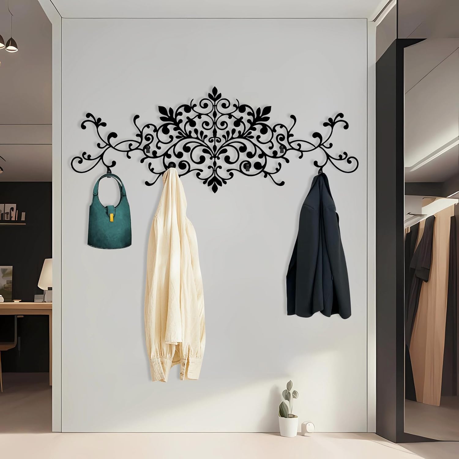 Scroll Metal Coat Rack, Elegant Scrollwork Wall Decor, Scrollwork Wall Mount, Retro Scroll Hooks for Hanging, Modern Hat Rack or Wall, Entryway Living Room Decor (White, 20"x53"|51x135cm)