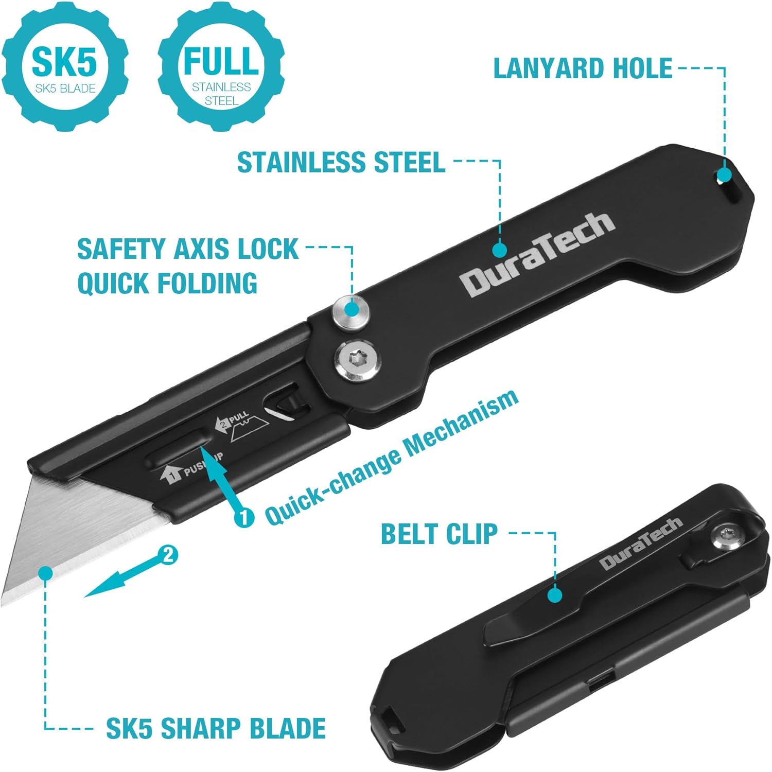 DURATECH 2-Pack Folding Utility Knife, Mini Box Cutter with Safety Axis Lock, Belt Clip, Quick-change Blade Mechanism, Full Stainless Steel Body and SK5 Sharp Blade, EDC Pocket Knife Gifts for Men