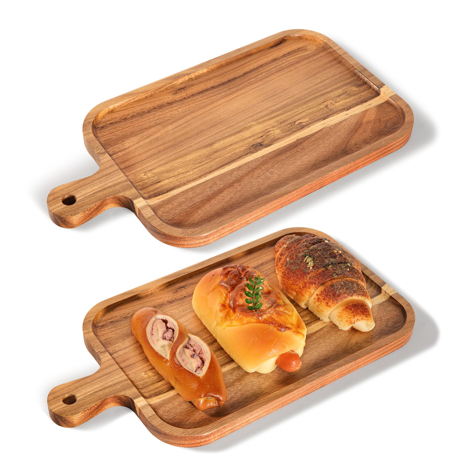 Acacia Wood Serving Trays, 2-Pack Wooden Serving Platter Tray, Chopping Board with Handle, Acacia Wood Cutting Board for Appetizer Breakfast Coffee Tea Sushi Fruit (34x18.5 cm)