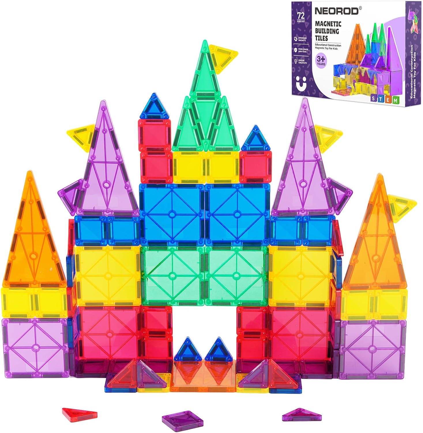 NEOROD Magnetic Tiles Travel Set - 72 PCS Regular & Mini Mixed Building Tiles - STEM Educational Toys for Toddlers & Kids - Portable Storage Box for Outing - Birthday Gift for Boys Girls