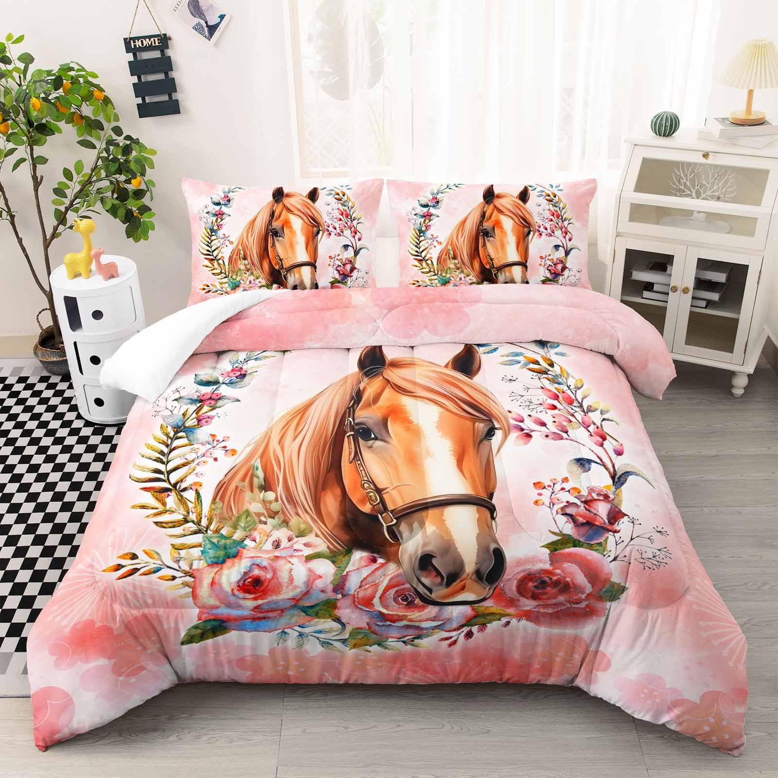AILONEN Hermoso juego de edredón de caballo, tamaño Queen, juego de cama de caballo con aro floral para niños y niñas, juego de edredón de animales kawaii, cama temática rosa en una bolsa, microfibra